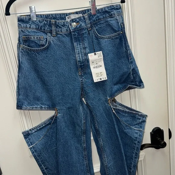 Zara MID WAIST STRAIGHT LEG CUT OUT JEWEL JEANS studded pants denim wide leg - Picture 9 of 11